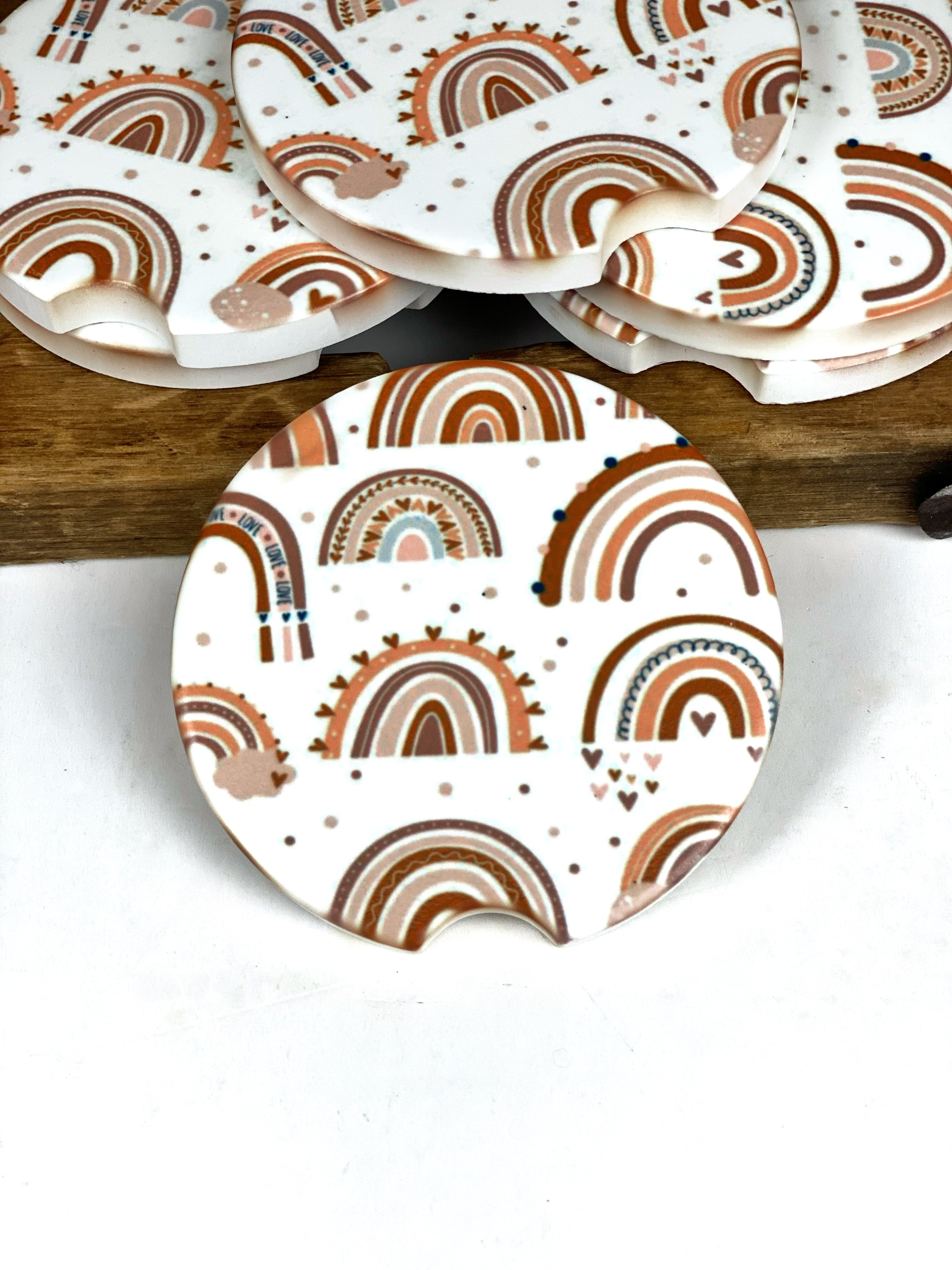 Boho Rainbow Car Coasters Ceramic Stone Sublimation Set of 2